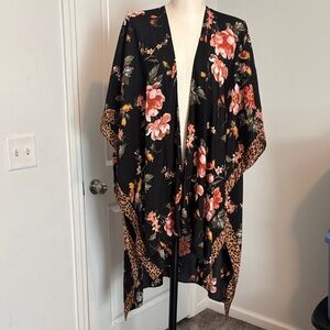 American Eagle Outfitters Black Kimono with Floral and Leopard Print